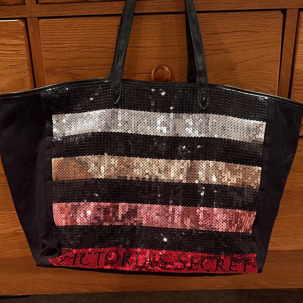 Victoria's Secret Black Tote with Sequin Stripes